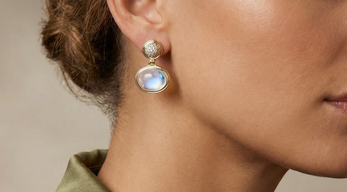 Syna Moon Quartz Mogul Earrings in 18K yellow gold with diamond accents — available at Desires by Mikolay