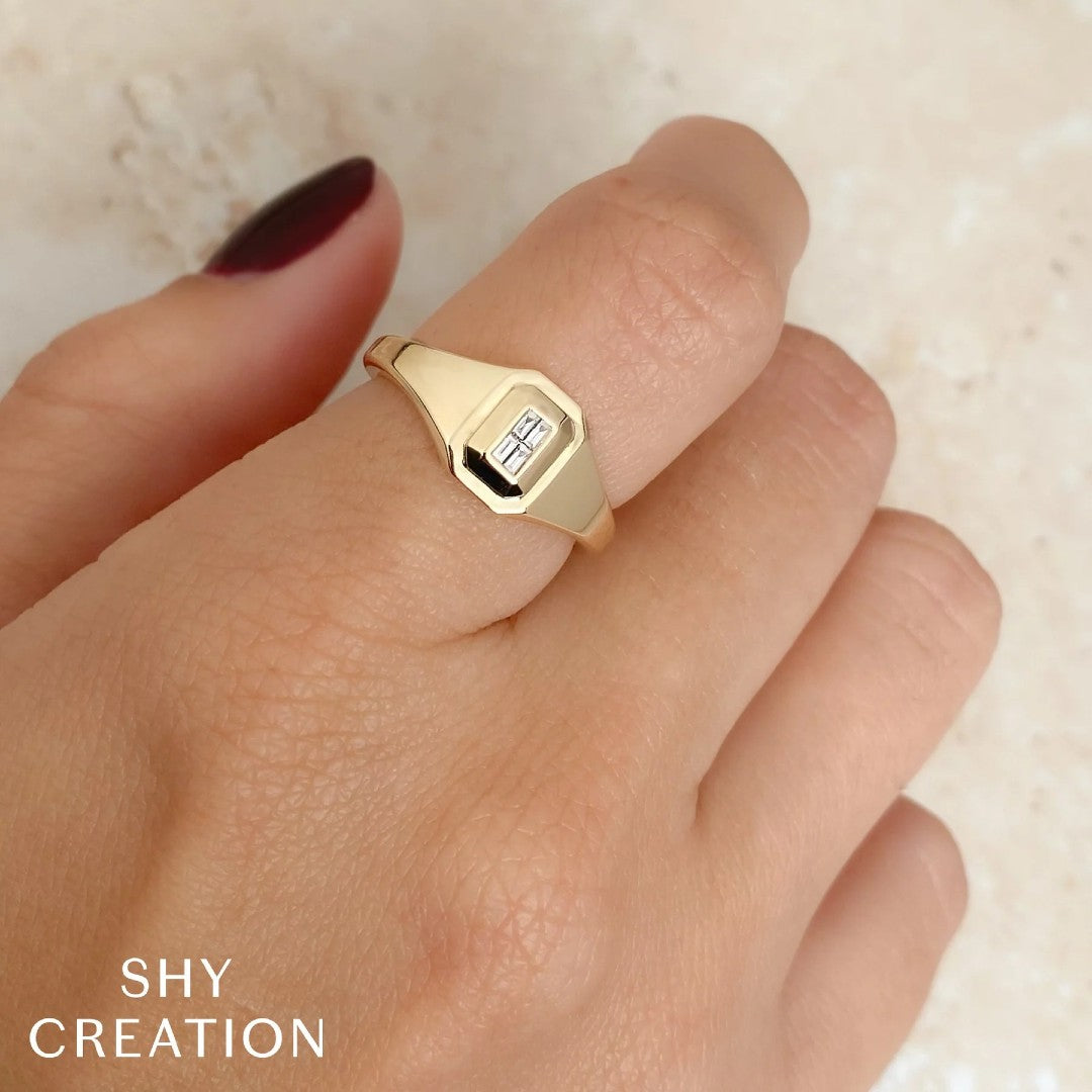 Shy Creation Diamond Baguette Geo Cut Signet Ring