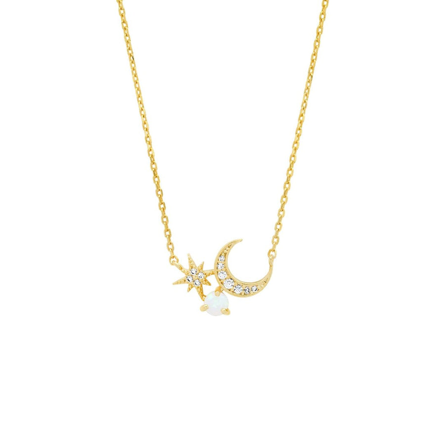 Crescent Moon and Starburst Necklace with Opal Accent