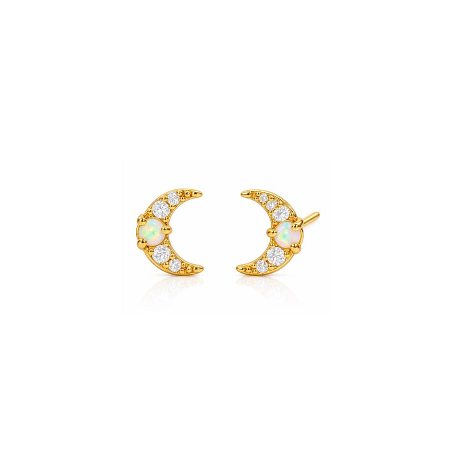 Crescent Moon Studs with Opal Center