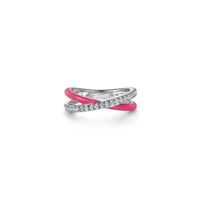 Gabriel & Co. White Sapphire & Fuchsia Enamel Criss Cross Ring