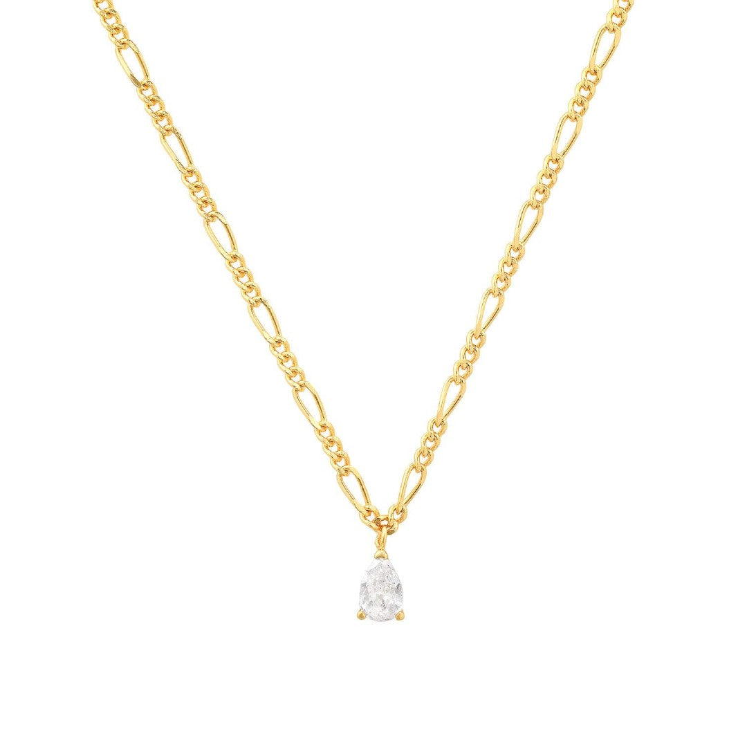 Gold Figaro Chain with Pear Shape CZ Pendant