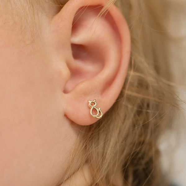 thumbnail image 2 of 14K Yellow Gold Cat Stud Earrings With Australian Solid Opal - Adorable Kitten Bow Design - The Wind Opal 2 of 3