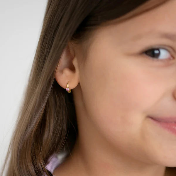 Pink Heart Little Girl's Hoops in 18k Gold