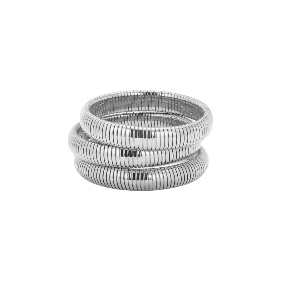 Silver textured bracelet stack on white background.