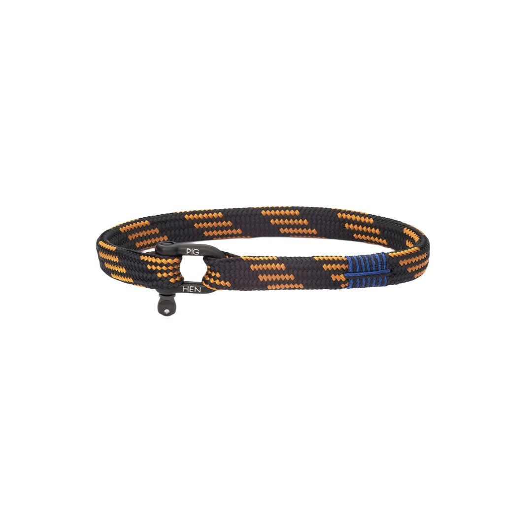 A black woven elastic belt with orange and blue geometric patterns, featuring a black metal buckle with a silver-toned logo plate.