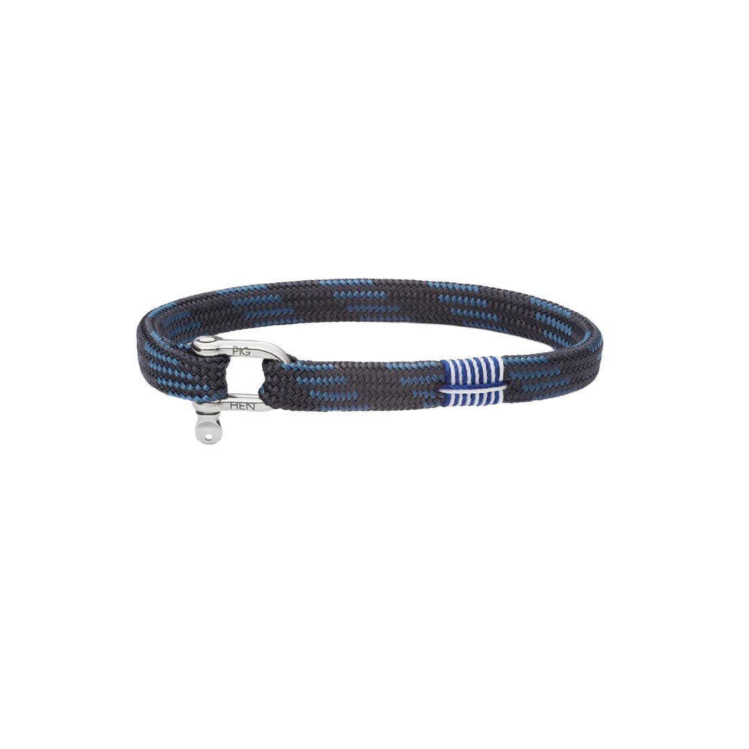 Blue and black rope bracelet with silver shackle on white background.