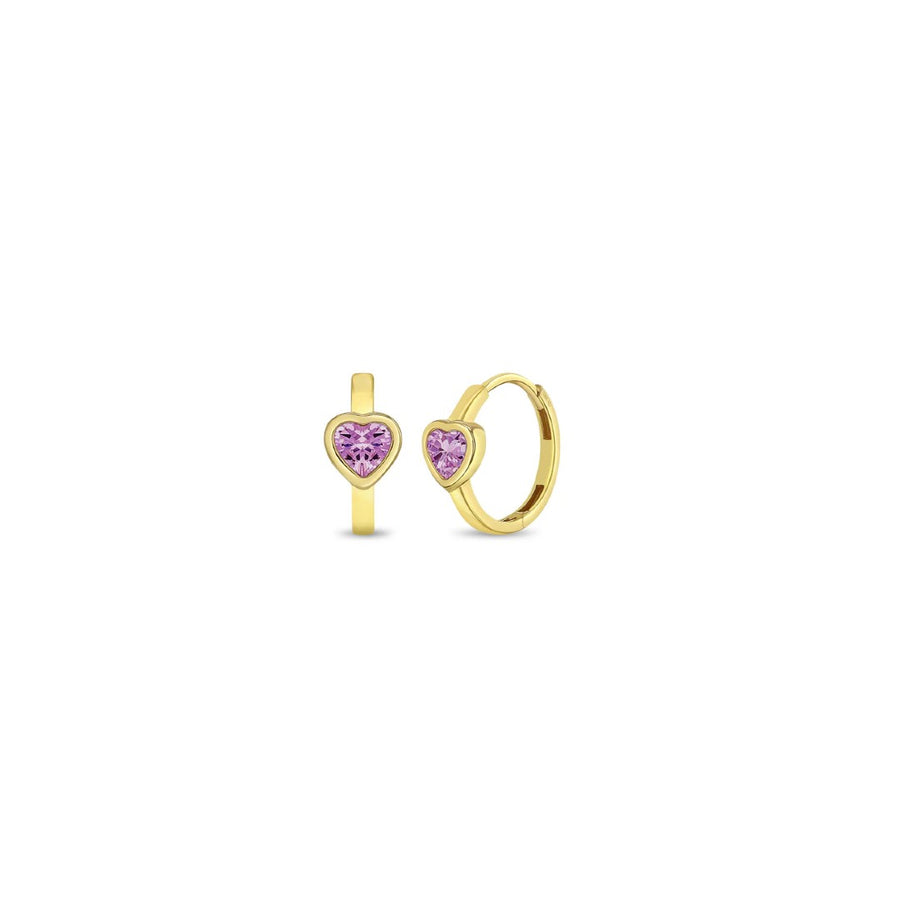 Pink Heart Little Girl's Hoops in 18k Gold