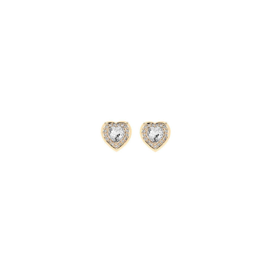 heart shaped earrings in gold with clear stones on white background