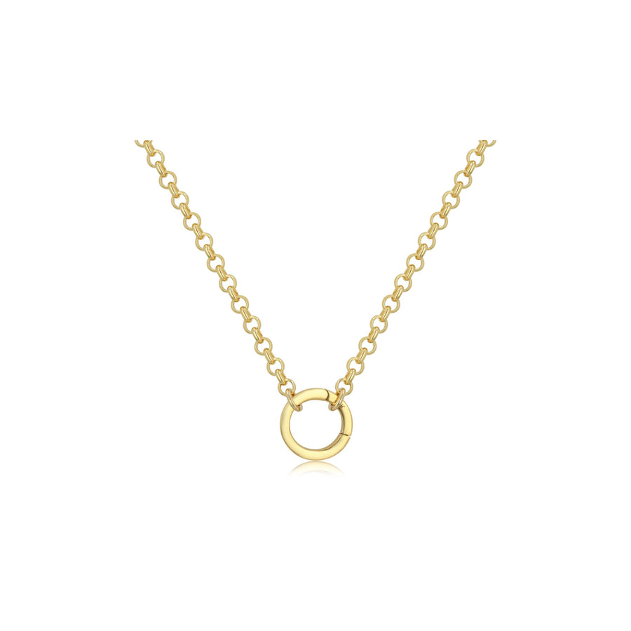 A delicate yellow gold chain necklace featuring a small, polished open circle pendant, displayed against a solid white background.