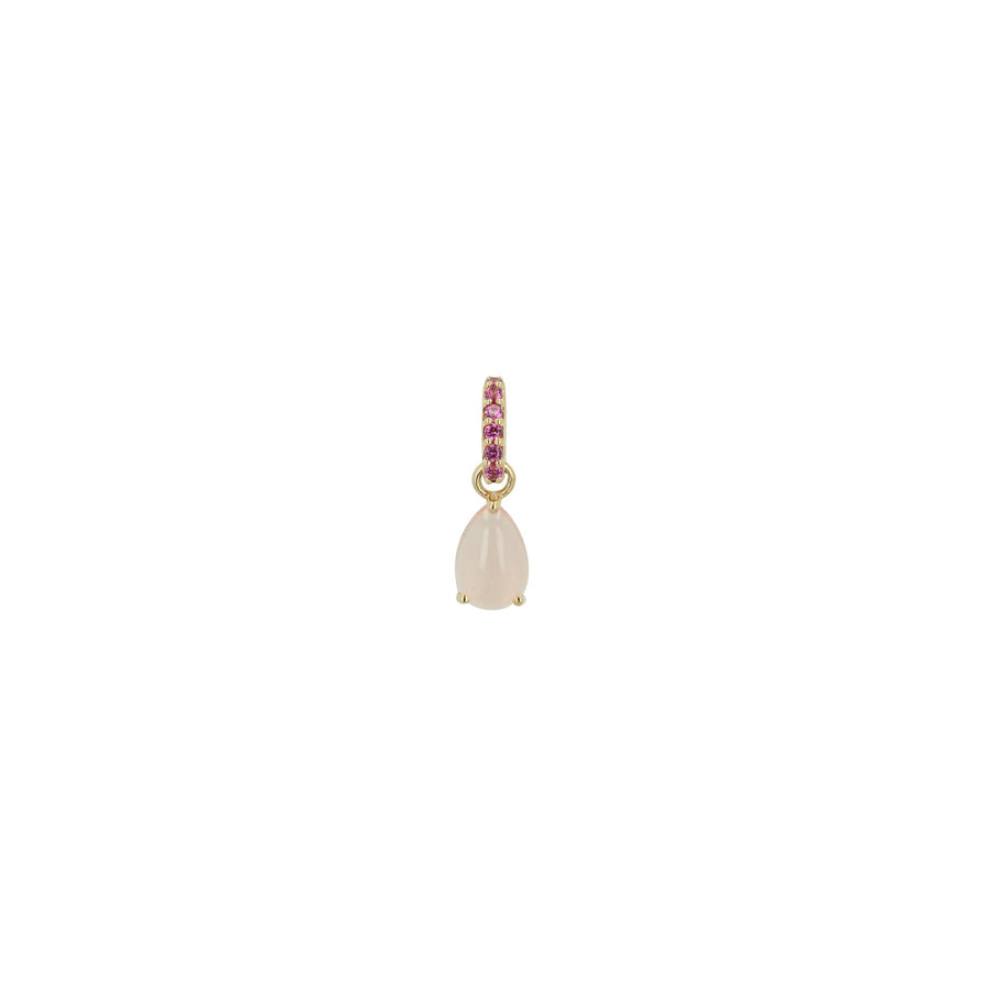 A delicate gold pendant charm featuring a teardrop-shaped pale pink stone and a top bar set with small pink gemstones, centered on a solid white background.