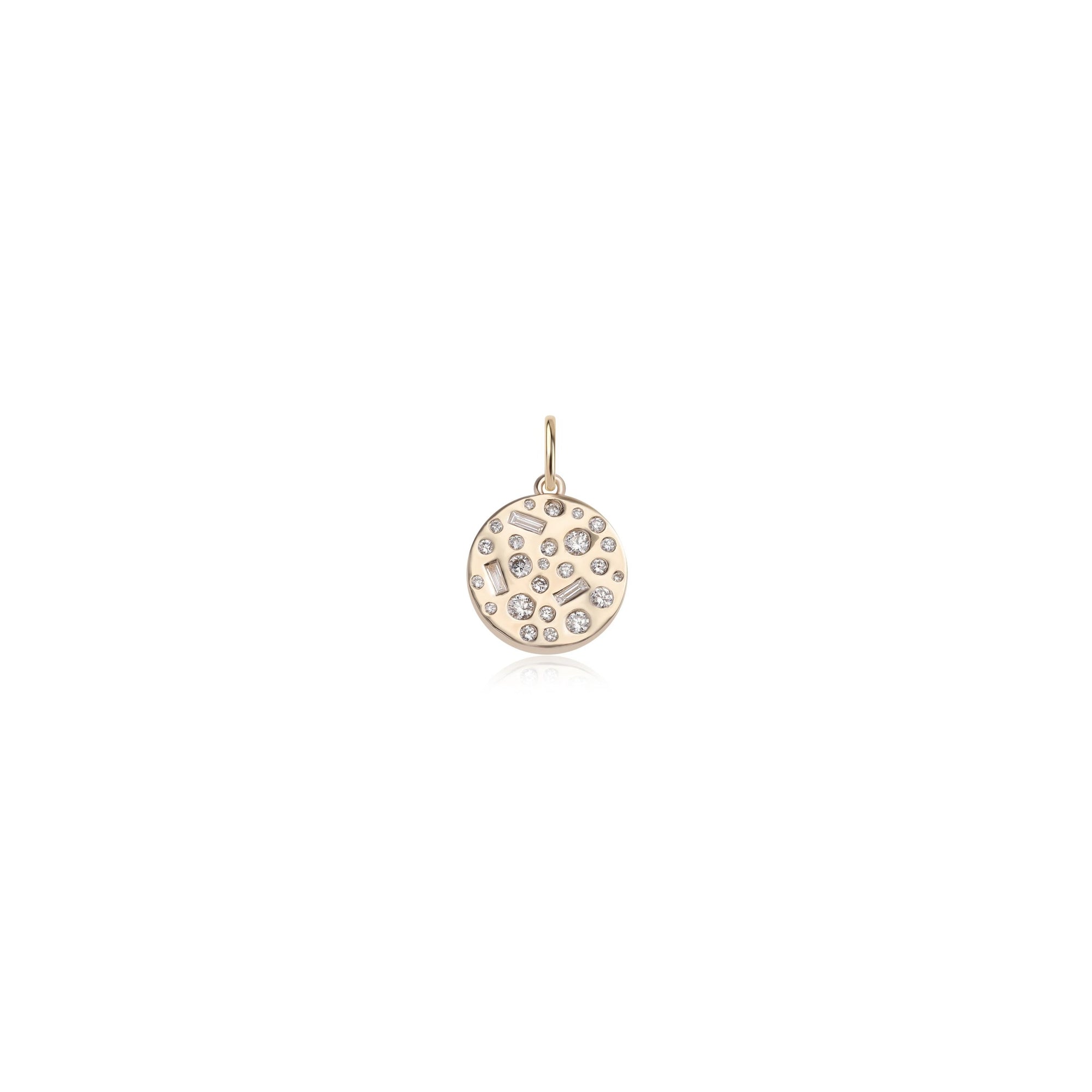 A round gold pendant charm featuring a textured, pitted surface adorned with small clear stones, shown on a plain white background.