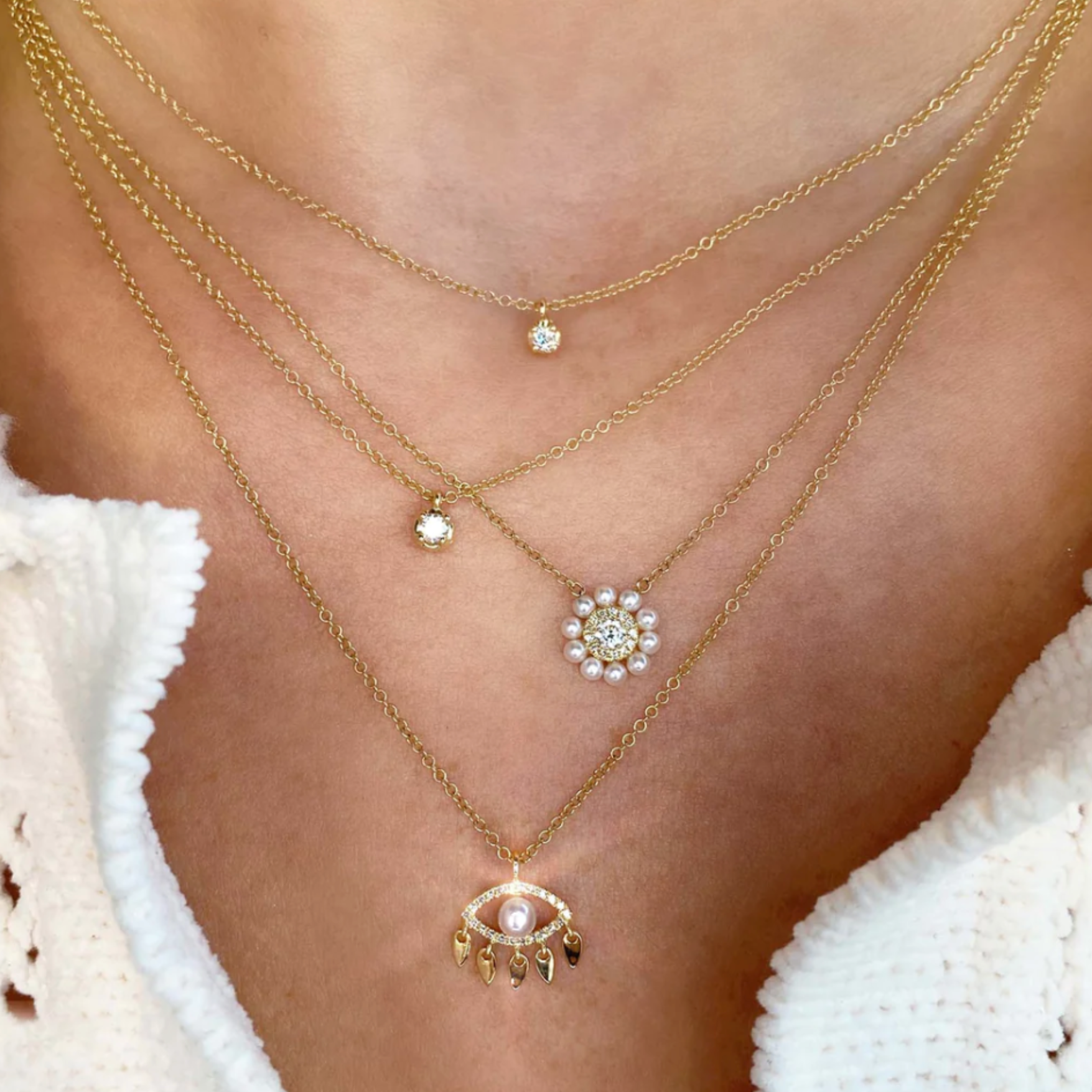 Shy Creation Cultured Pearl & Diamond Evil Eye Necklace