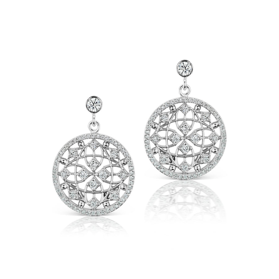 Round Diamond Filigree Celebration Earrings in 18k White Gold