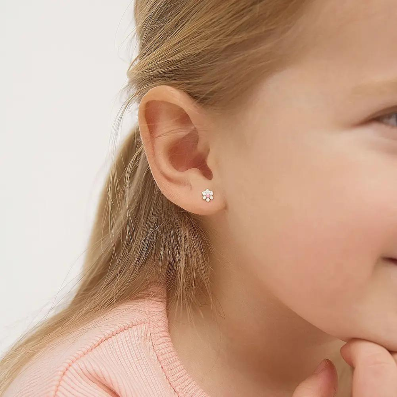 White & Pink Enamel Flower Little Girl's Stud Earrings