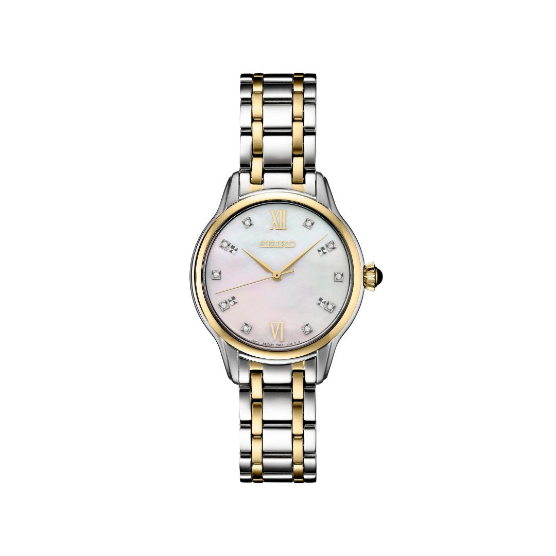 Seiko Mother of Pearl & Diamond Gold Tone Watch SRZ540