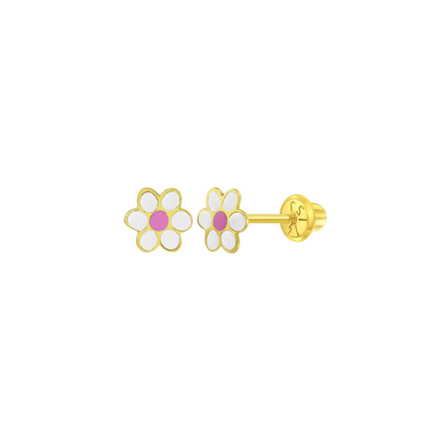 White & Pink Enamel Flower Little Girl's Stud Earrings