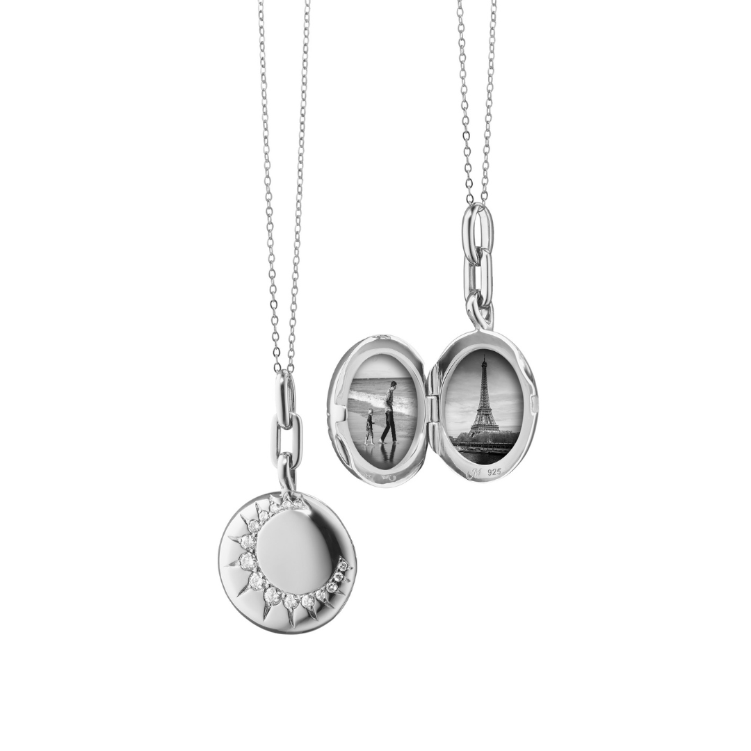 Monica Rich Kosann Sun Silver Locket Necklace with White Sapphires