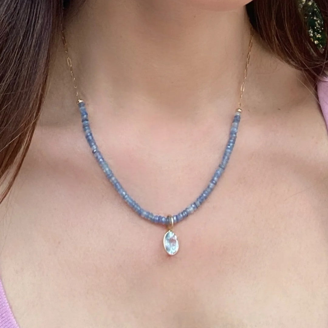 Blue Topaz & Kyanite Beaded Paperclip Necklace