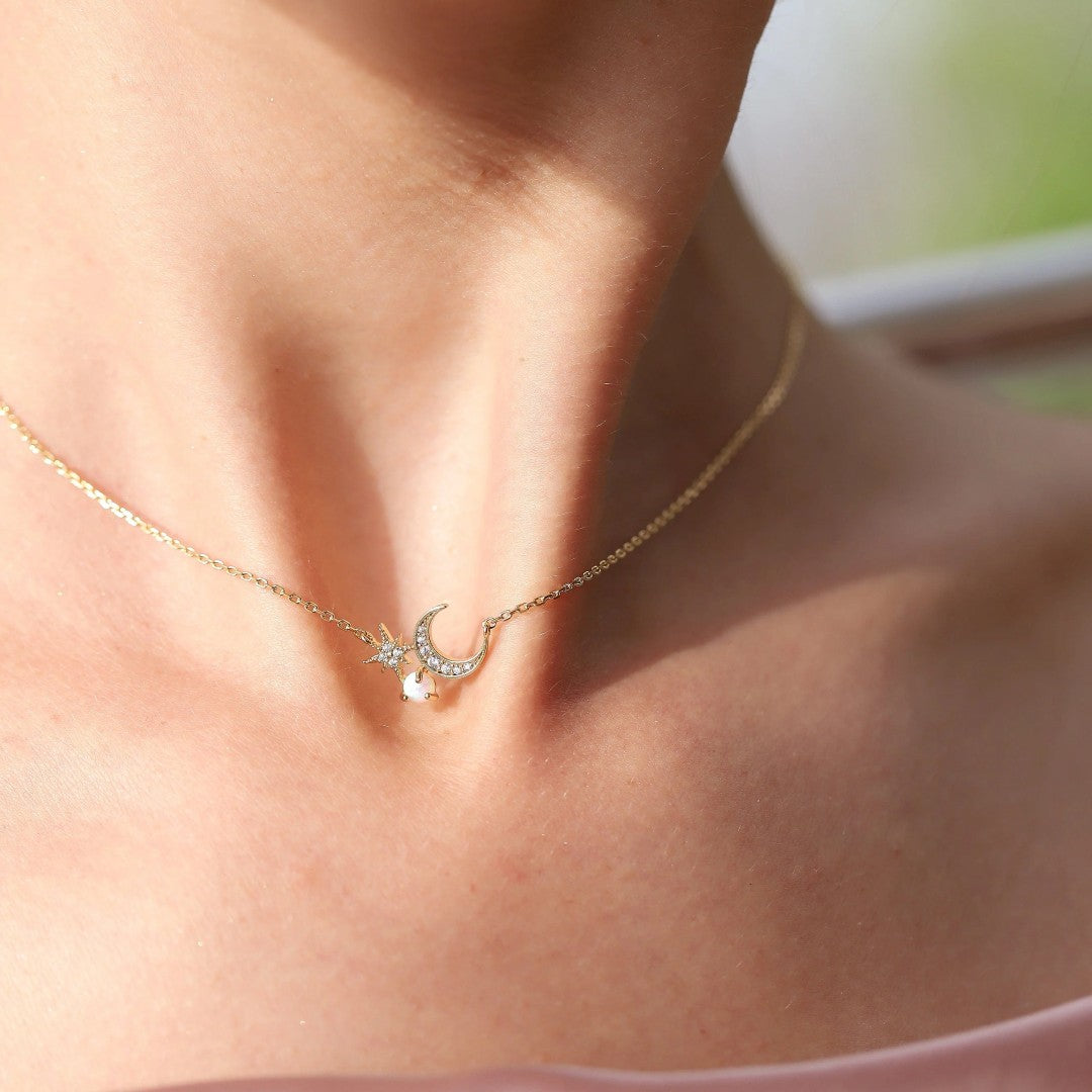 Crescent Moon and Starburst Necklace with Opal Accent