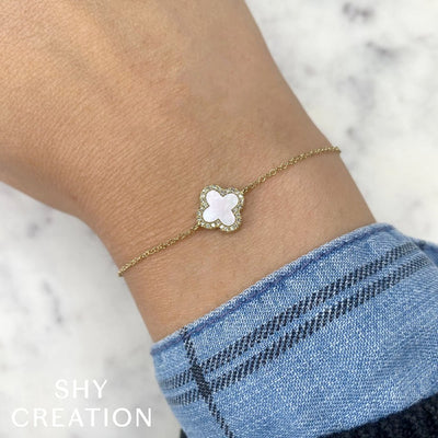 Shy Creation Mother of Pearl and Diamond Clover Bracelet