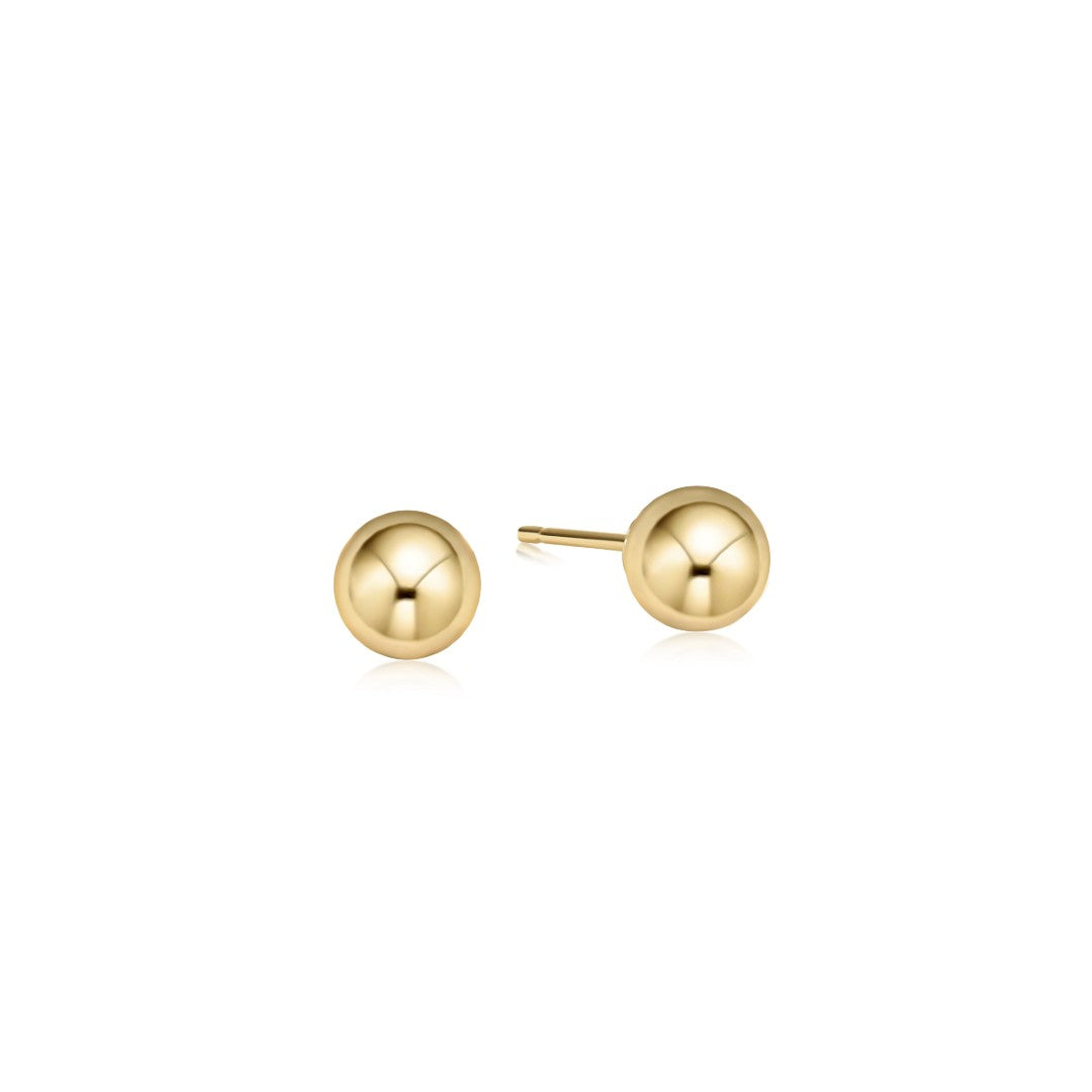 A pair of gold ball stud earrings on a clean white background.