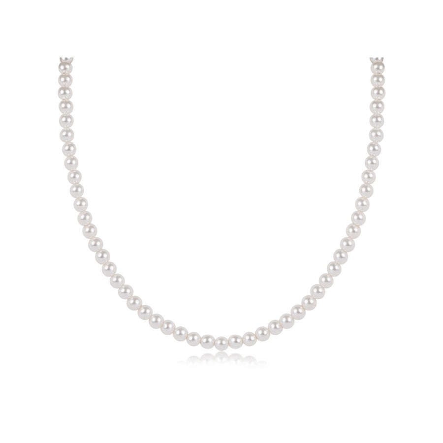 A classic single-strand pearl necklace with uniform white pearls, displayed in a U-shape against a clean white background.