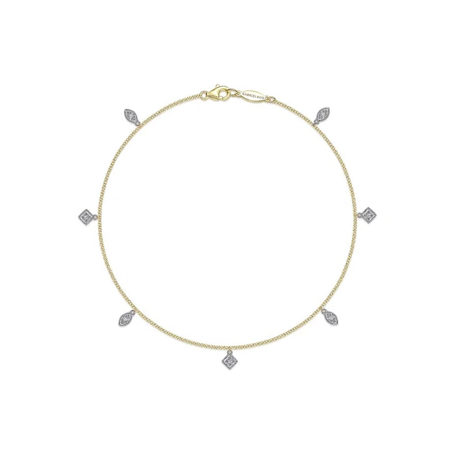 Gabriel & Co. Diamond Leaf & Square Charms Anklet