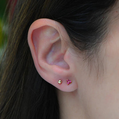 Tiny Ruby Three Stone Studs