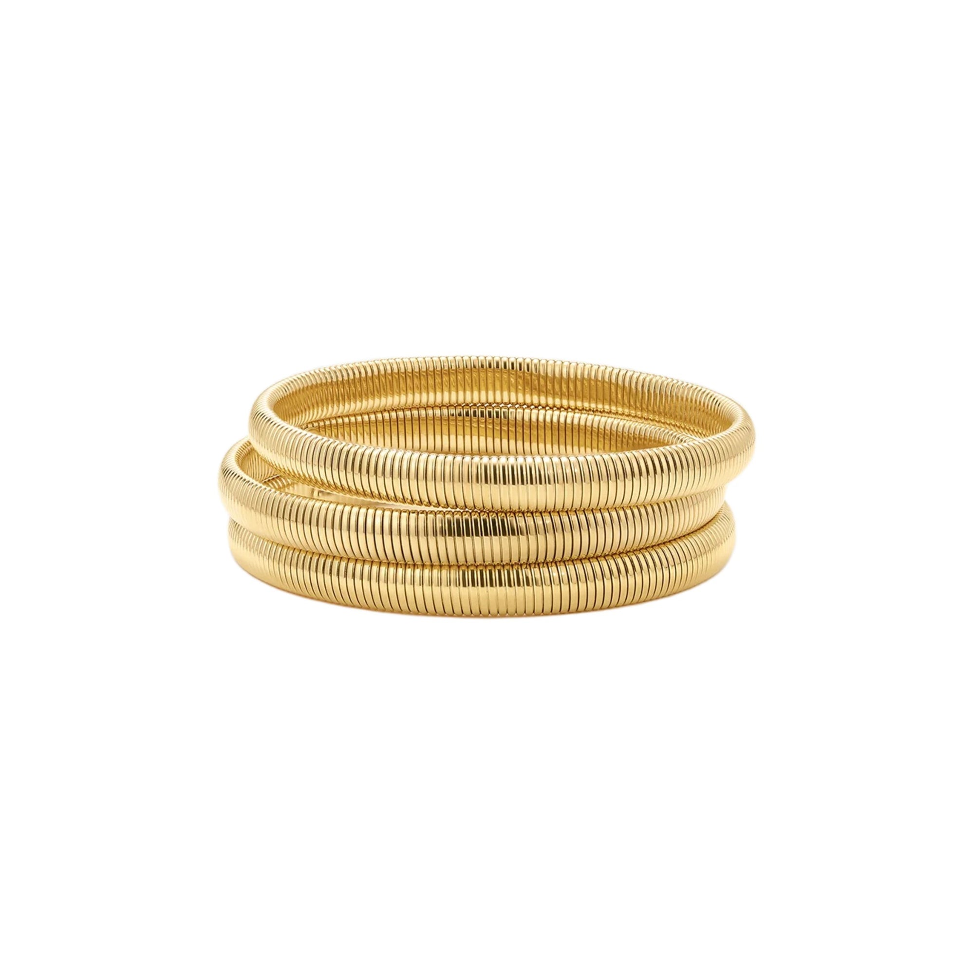 A stack of three gold-plated snake chain bangles on a solid white background.