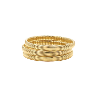 A stack of three gold-plated snake chain bangles on a solid white background.