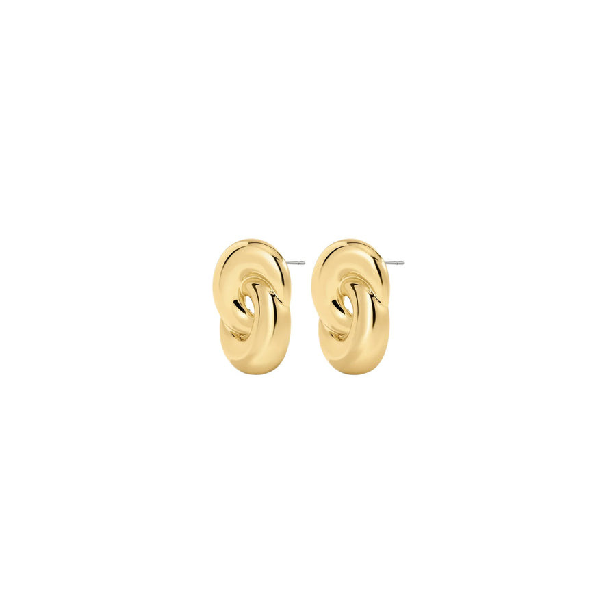 A pair of gold-toned interlocking ring stud earrings on a plain white background.