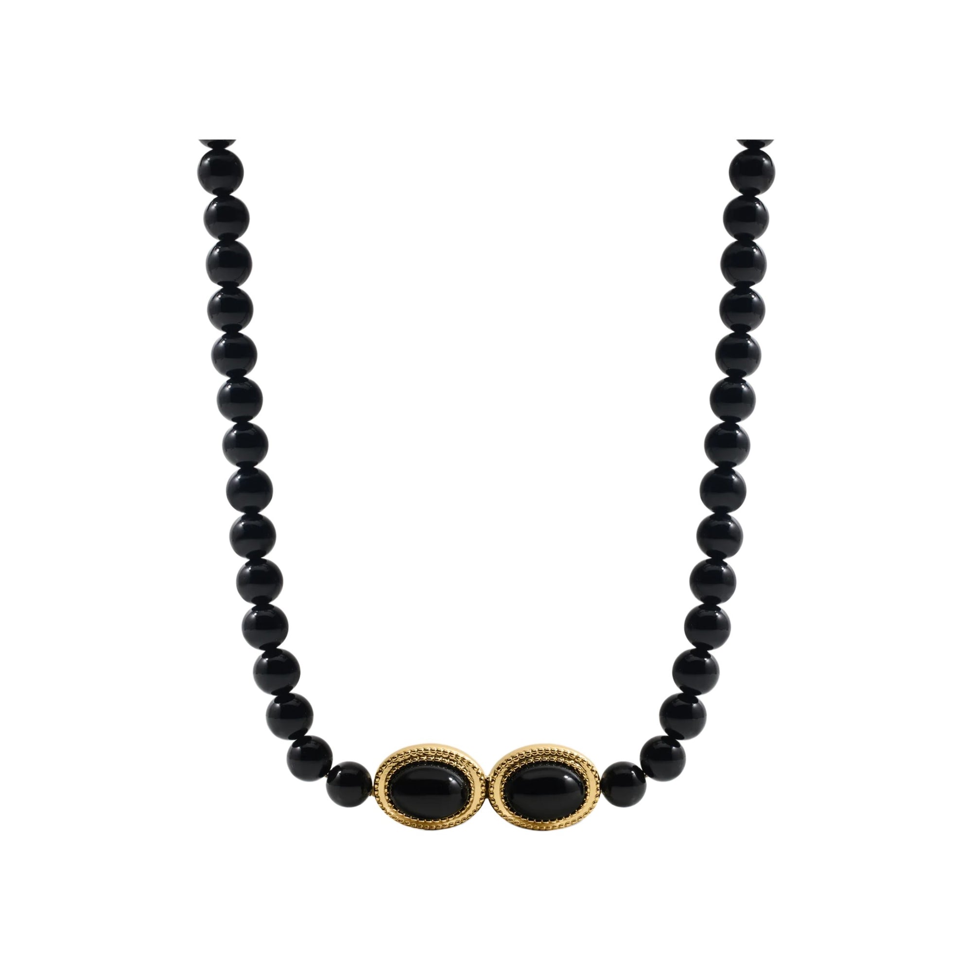 Black agate beaded necklace on white background