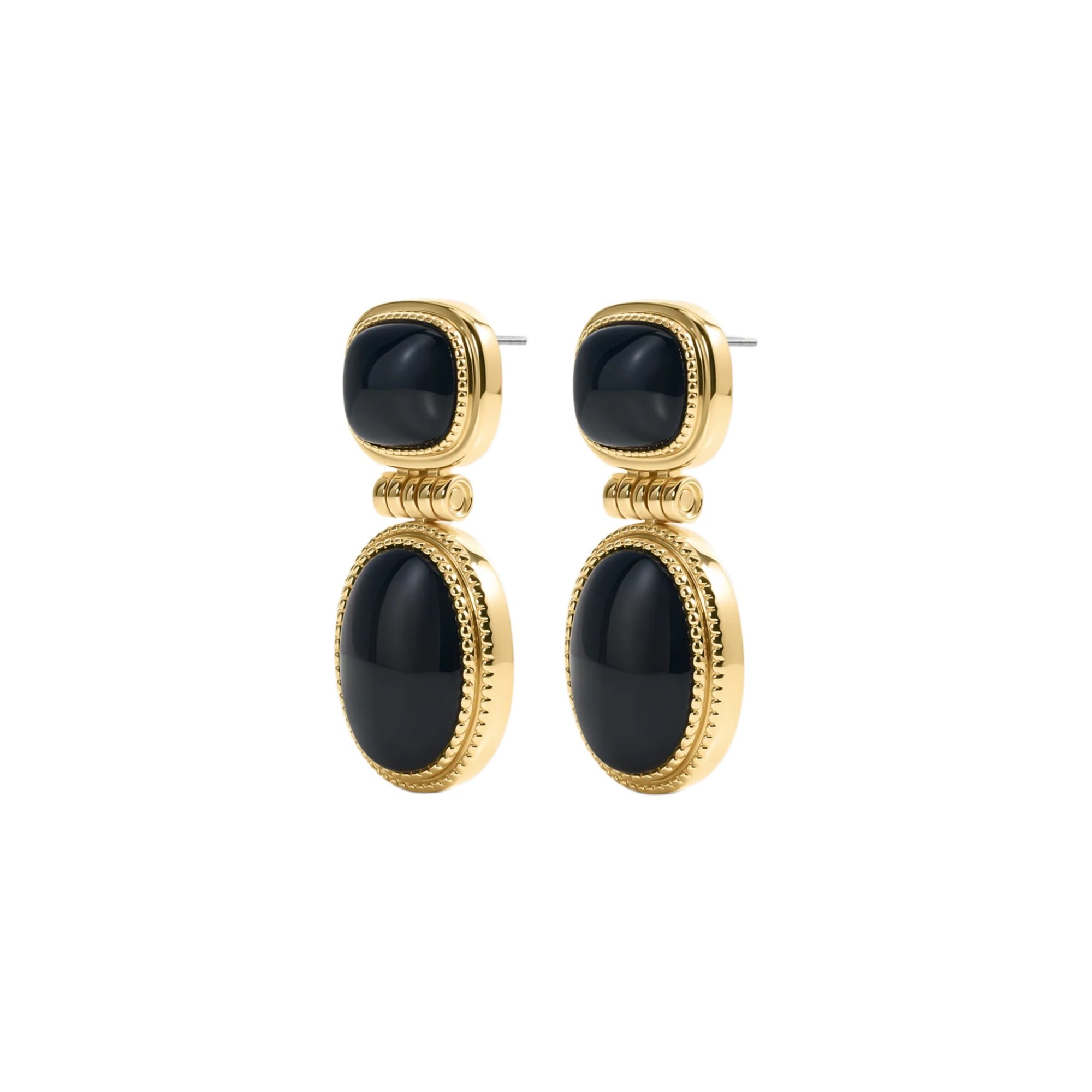 A pair of gold drop earrings with black cabochon stones, shown on a plain white background.
