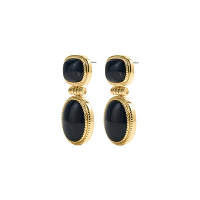 A pair of gold drop earrings with black cabochon stones, shown on a plain white background.