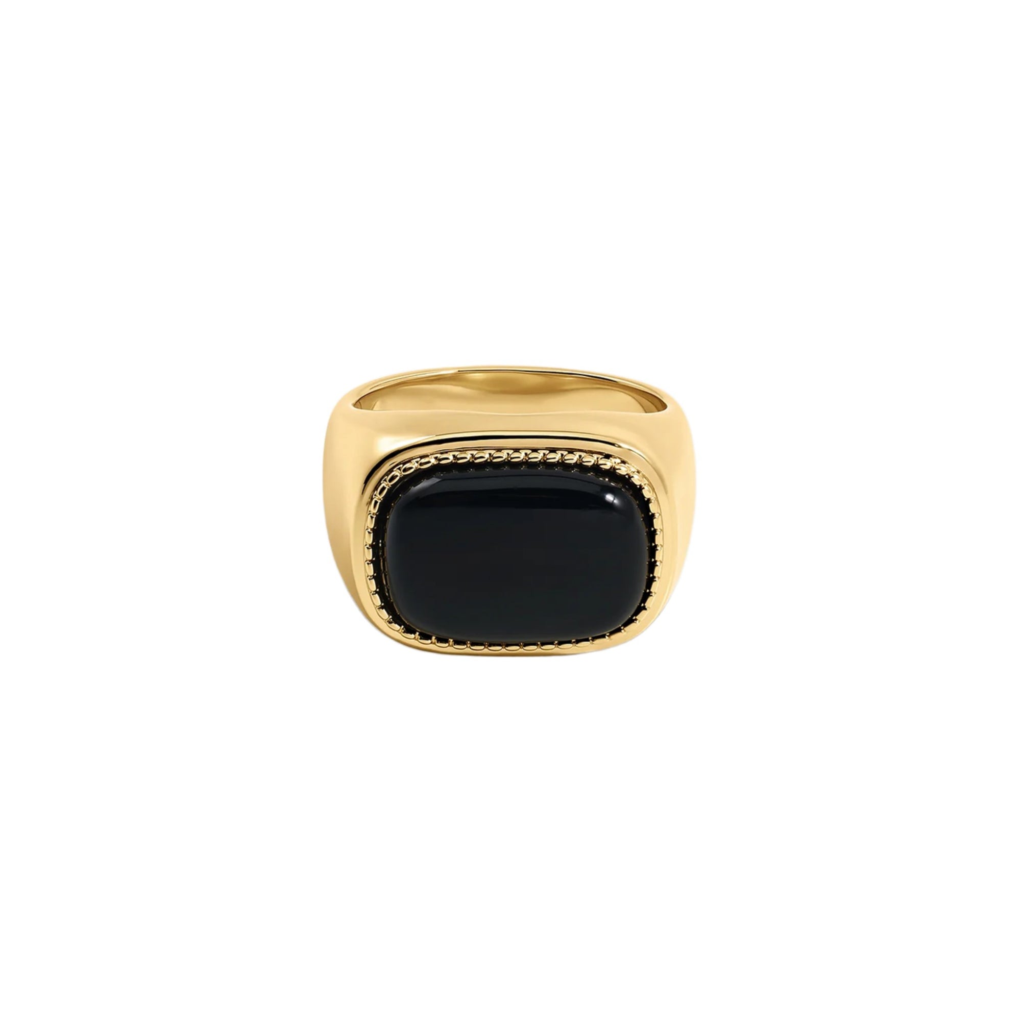 A gold signet ring with a large, polished black cabochon stone, shown against a plain white background.