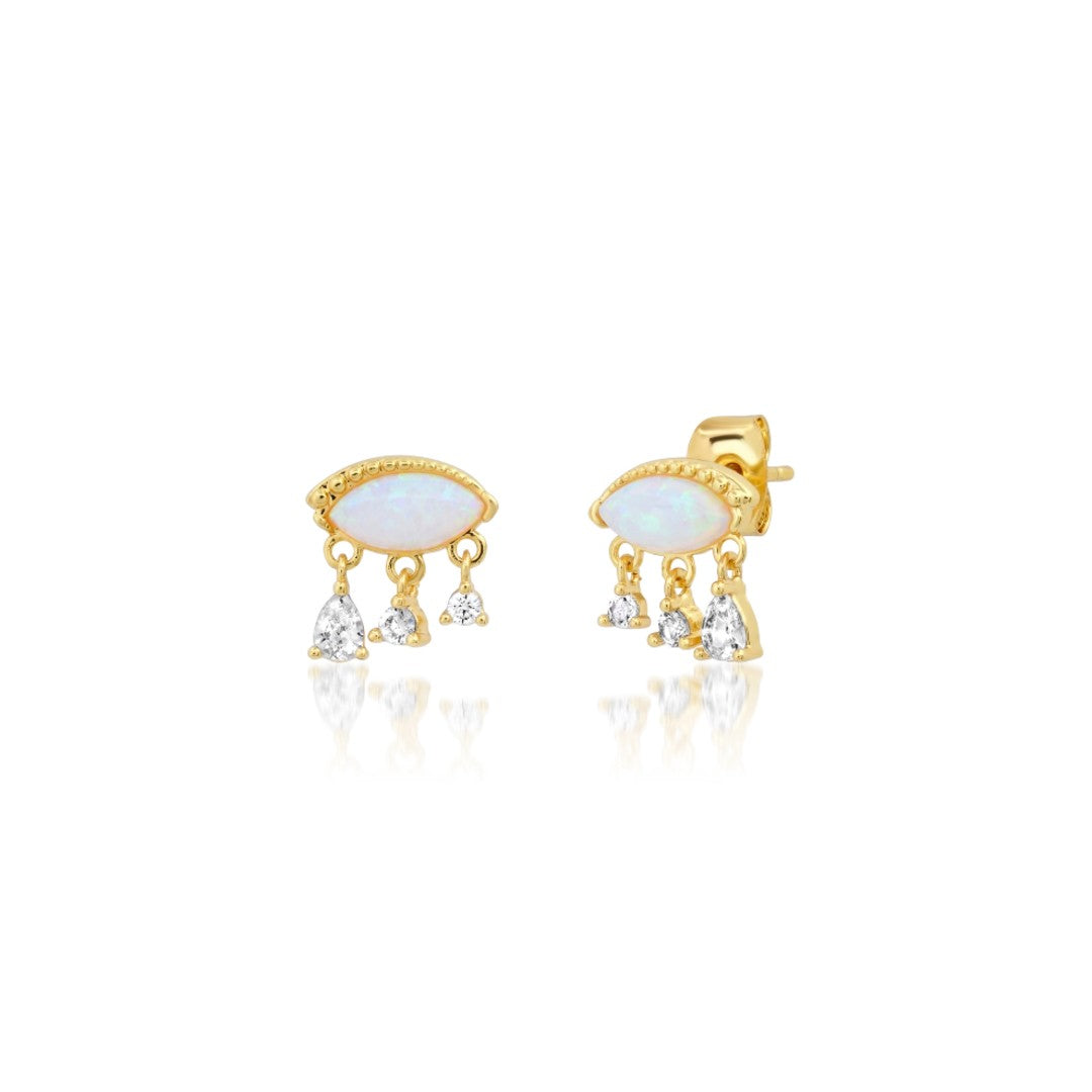 Opal Evil Eye Studs with CZ Dangles