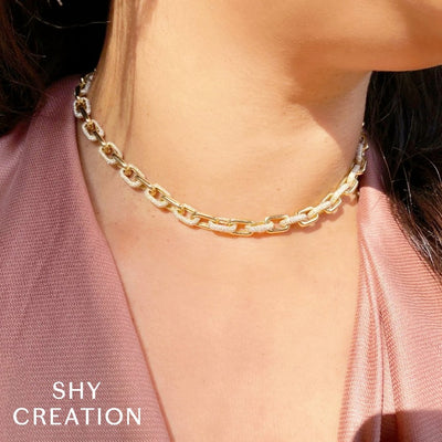 Shy Creation Pave Diamond Link Necklace in Yellow Gold
