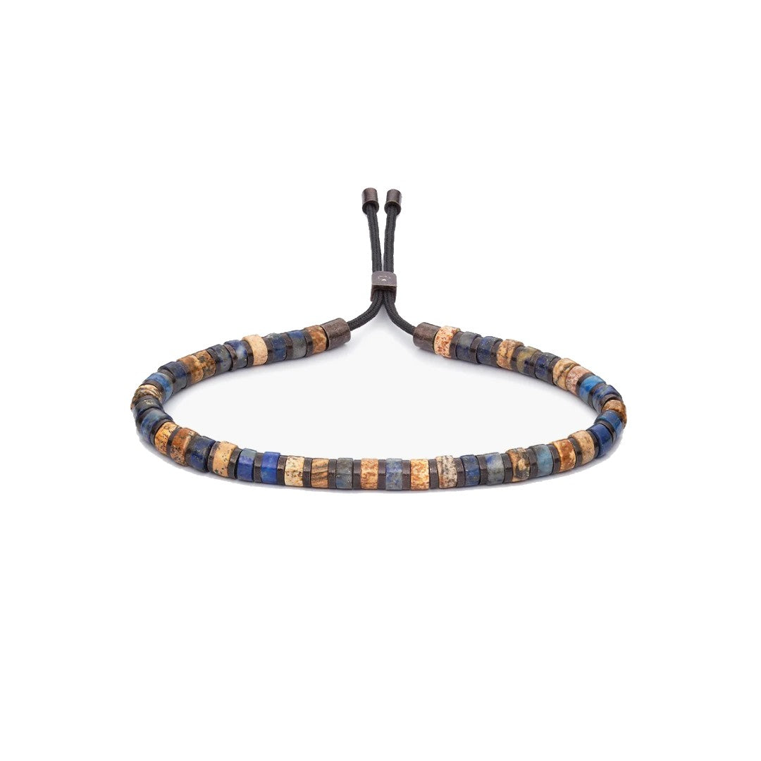 A beaded bracelet with alternating blue, brown, and tan square beads on a black adjustable cord, shown against a plain white background.