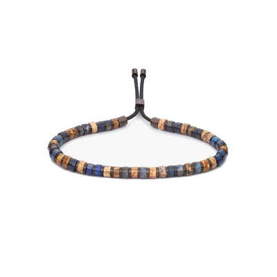 A beaded bracelet with alternating blue, brown, and tan square beads on a black adjustable cord, shown against a plain white background.