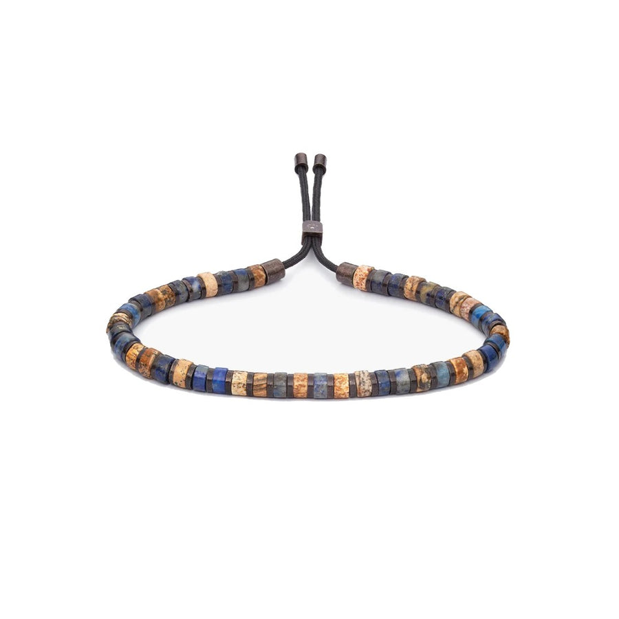 A beaded bracelet with alternating blue, brown, and tan square beads on a black adjustable cord, shown against a plain white background.