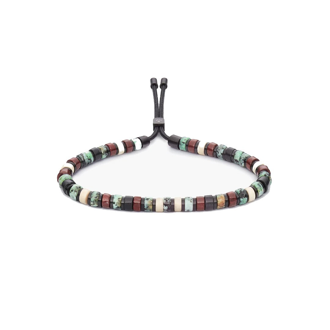 A beaded adjustable cord bracelet featuring alternating segments of dark brown, light beige, and green marbled beads on a black cord, shown against a plain white background.
