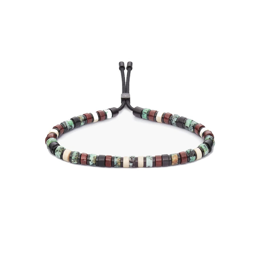 A beaded adjustable cord bracelet featuring alternating segments of dark brown, light beige, and green marbled beads on a black cord, shown against a plain white background.