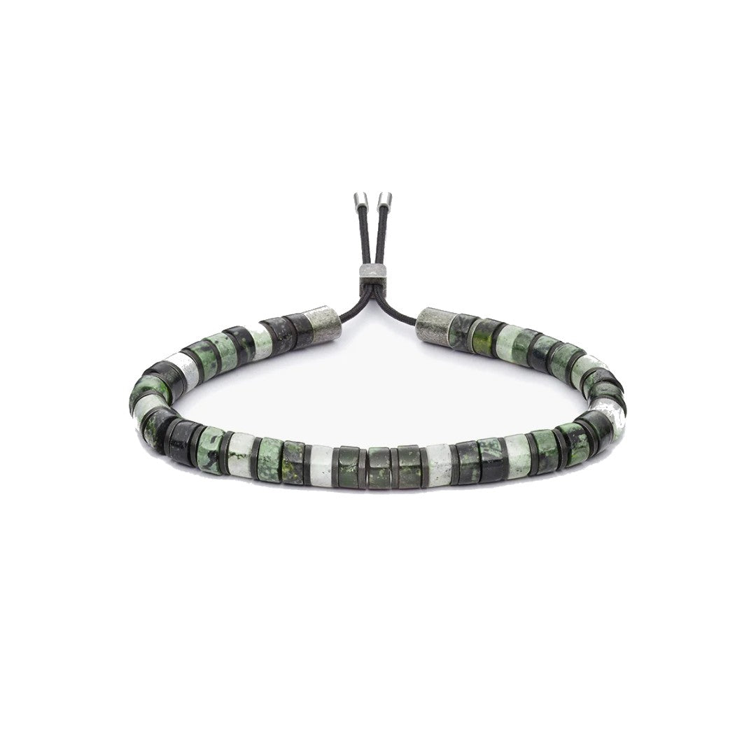 A beaded bracelet made of alternating dark green and light green stone beads with small silver spacer beads, connected by a black adjustable cord on a white background.