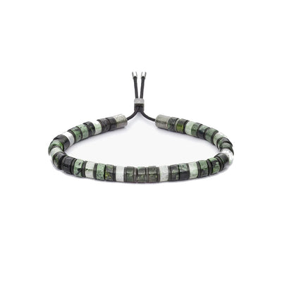 A beaded bracelet made of alternating dark green and light green stone beads with small silver spacer beads, connected by a black adjustable cord on a white background.