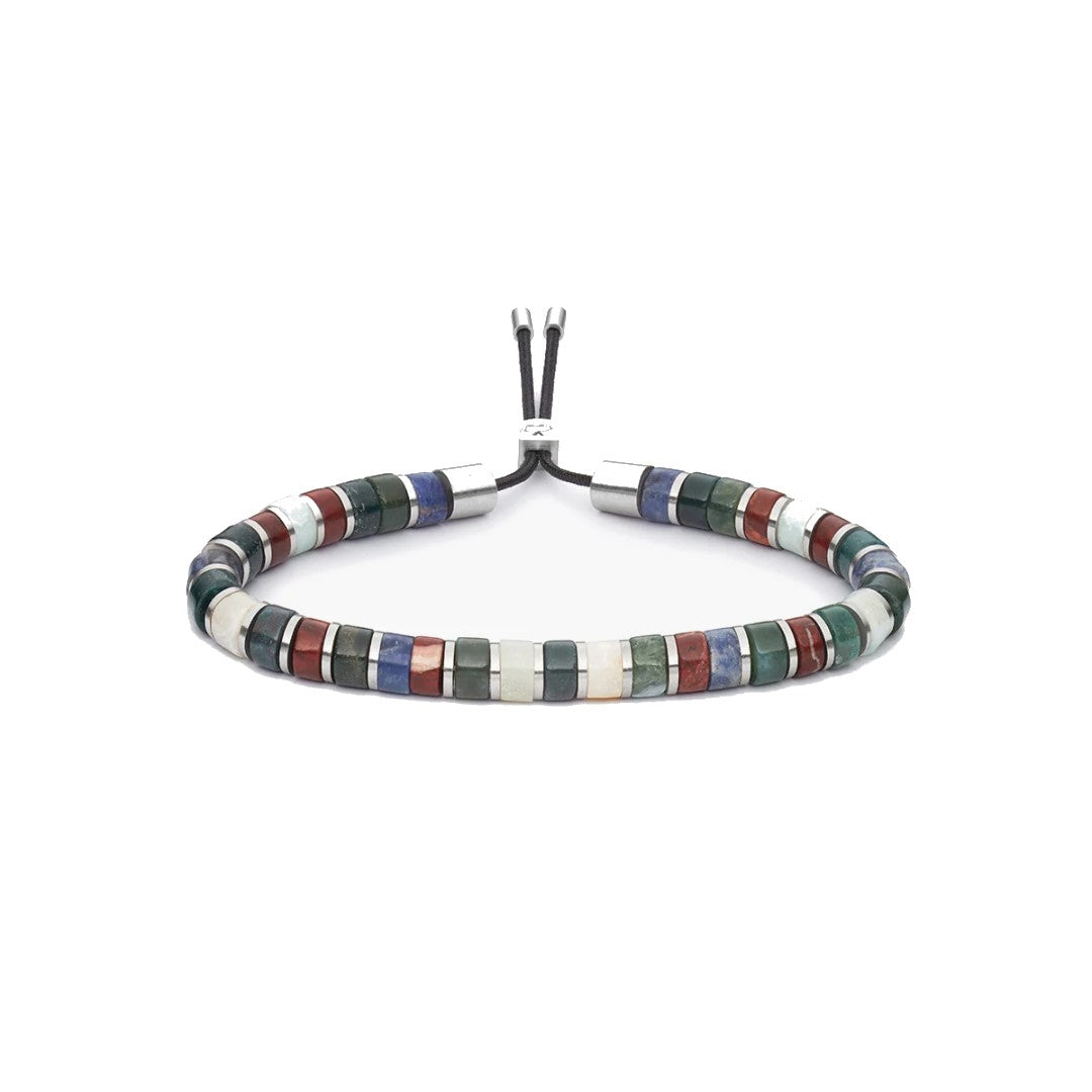 A beaded bracelet with alternating rows of white, green, blue, and red inlaid beads, finished with a black adjustable cord and silver-toned metal caps, shown on a plain white background.