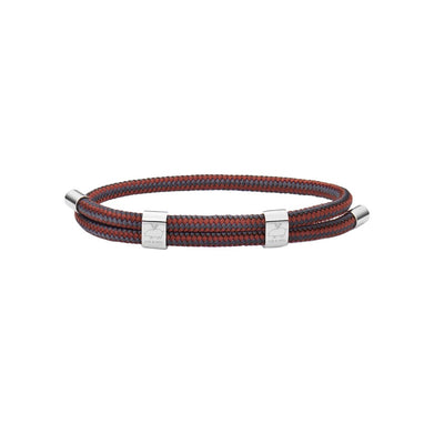 Red and gray rope bracelet with silver hardware on white background