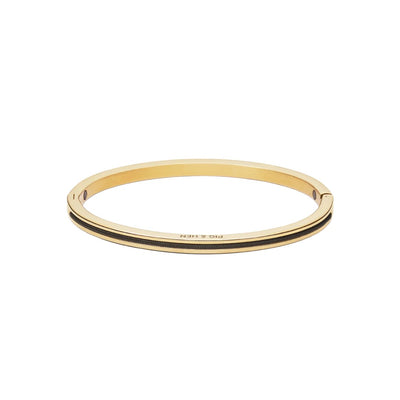 A gold-plated bangle bracelet with a double black stripe detail and 'PIG & HEN' engraved on the front, shown on a plain white background.