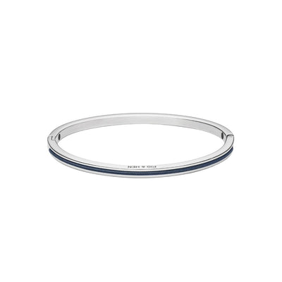 A slim silver-toned bangle bracelet with a double inlay of dark blue stones, featuring the brand name 'PIG & HEN' engraved on the front, set against a plain white background.