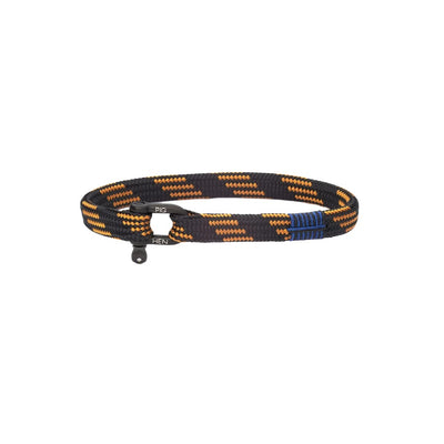 A black woven elastic belt with orange and blue geometric patterns, featuring a black metal buckle with a silver-toned logo plate.